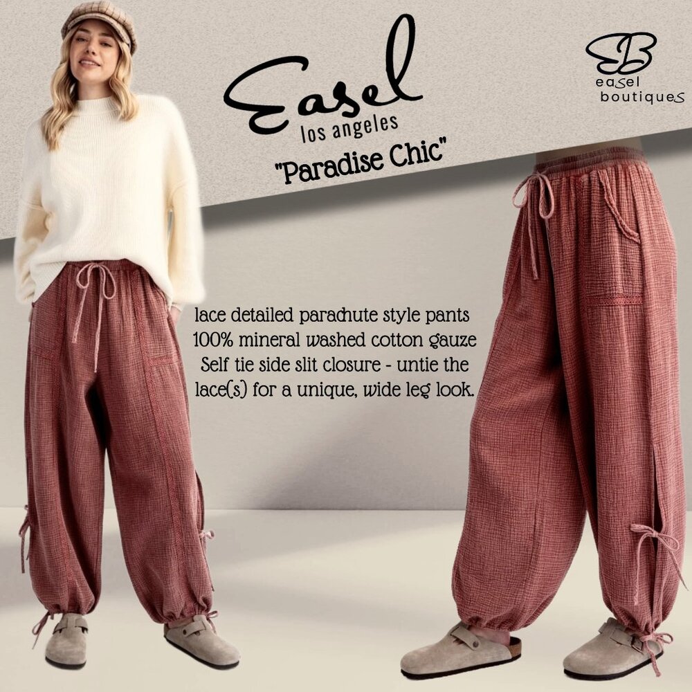EASEL Mineral Washed Wide Leg Pants/Joggers, Side Slits W/Ties Lace Trim Pockets